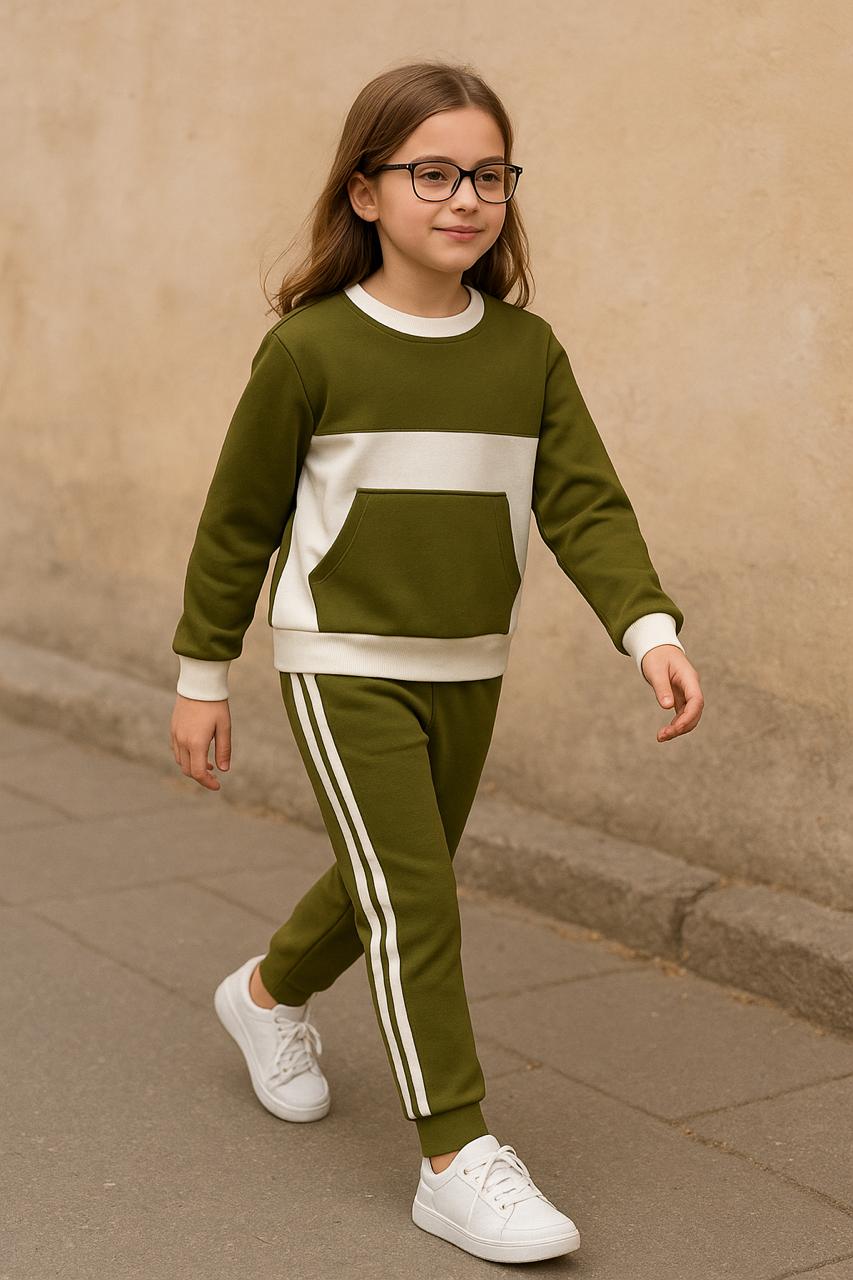 Olive Green Contrast panel Kids Tracksuit