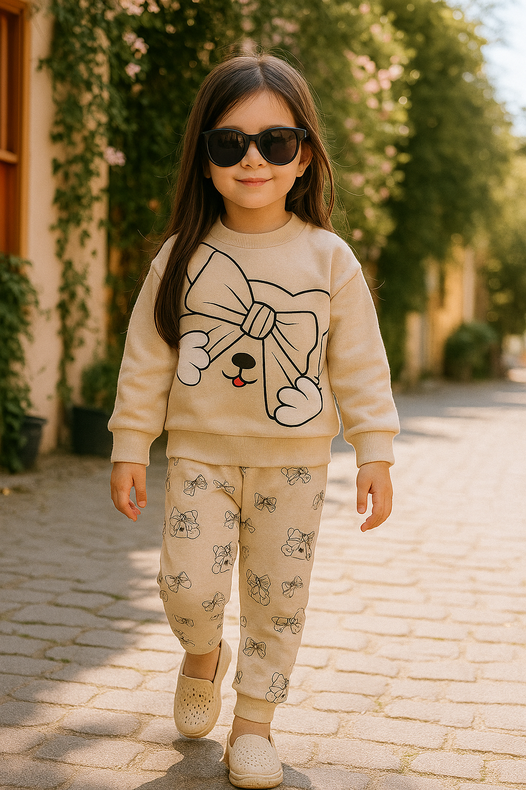 Cute Bow Cat Beige Tracksuit