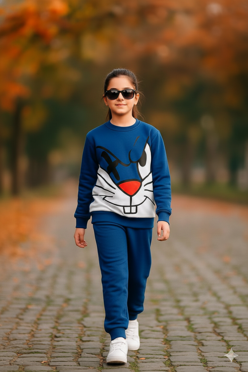 Winter Blue Cartoon Cat Tracksuit