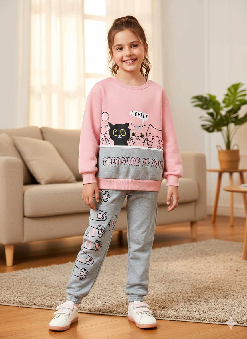 Lovely Cat Track Suit For Girls Premium
