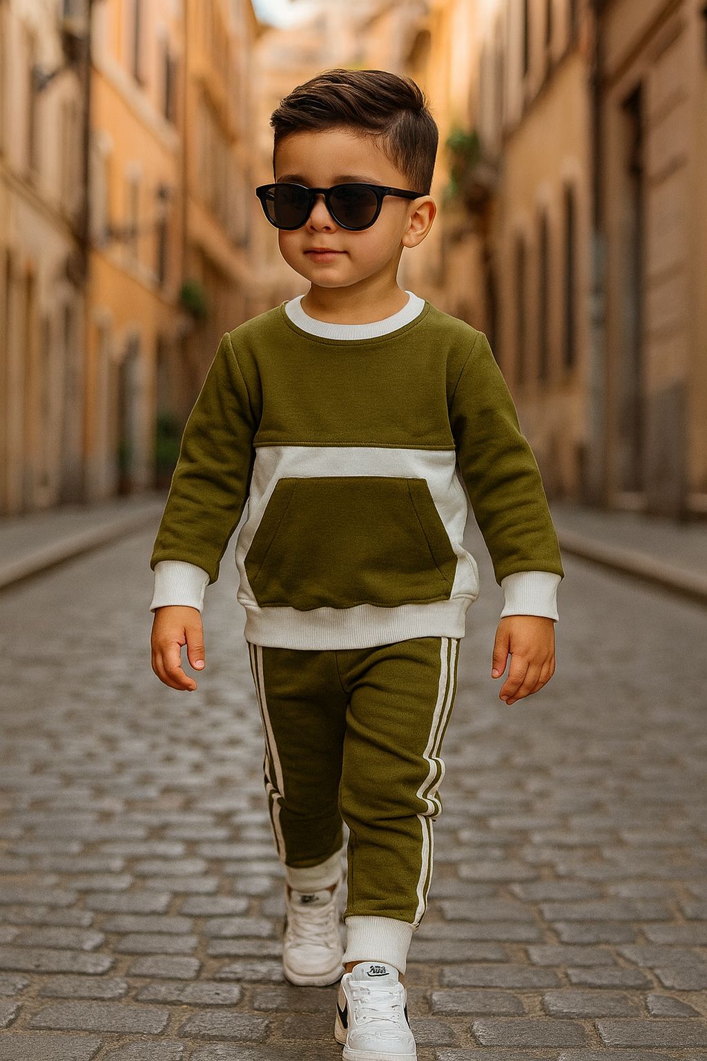 Olive Green Contrast panel Kids Tracksuit