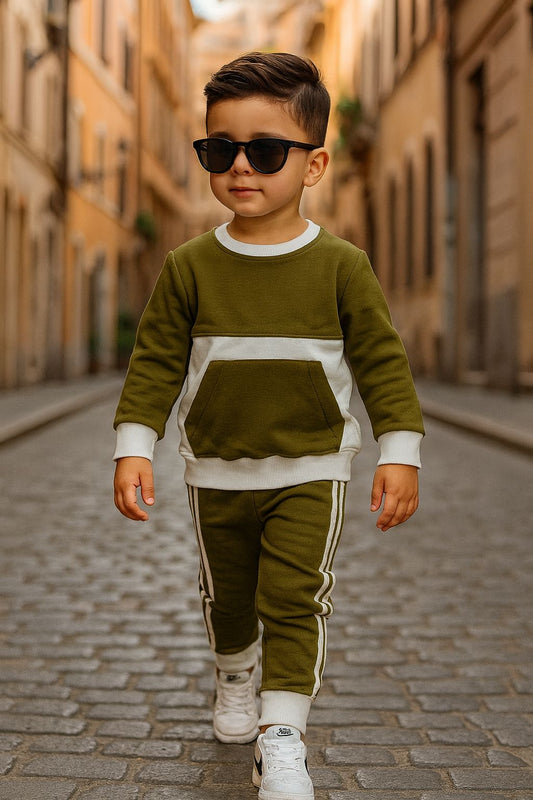 Olive Green Contrast panel Kids Tracksuit