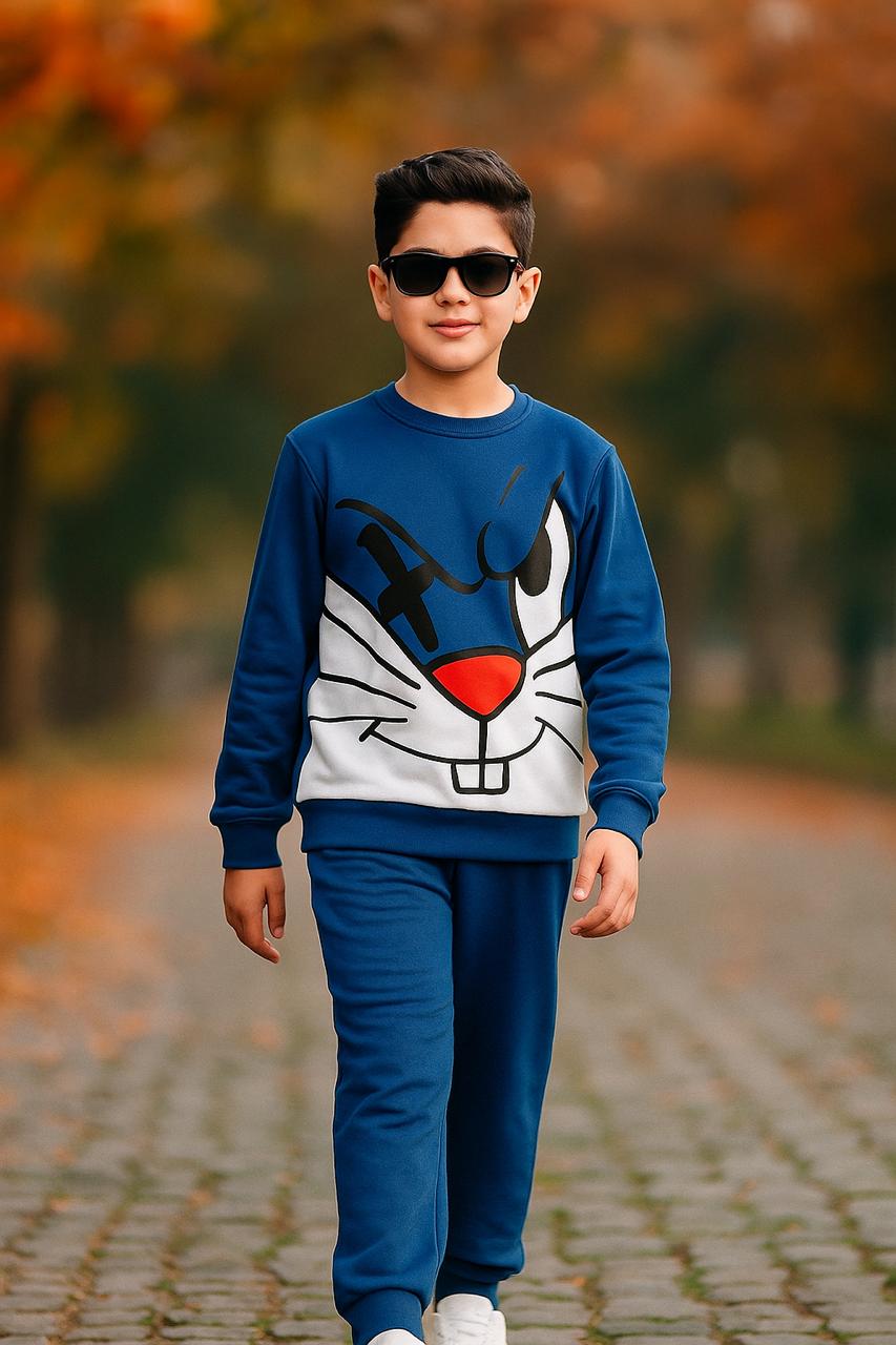 Winter Blue Cartoon Cat Tracksuit