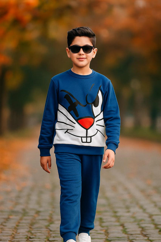Winter Blue Cartoon Cat Tracksuit