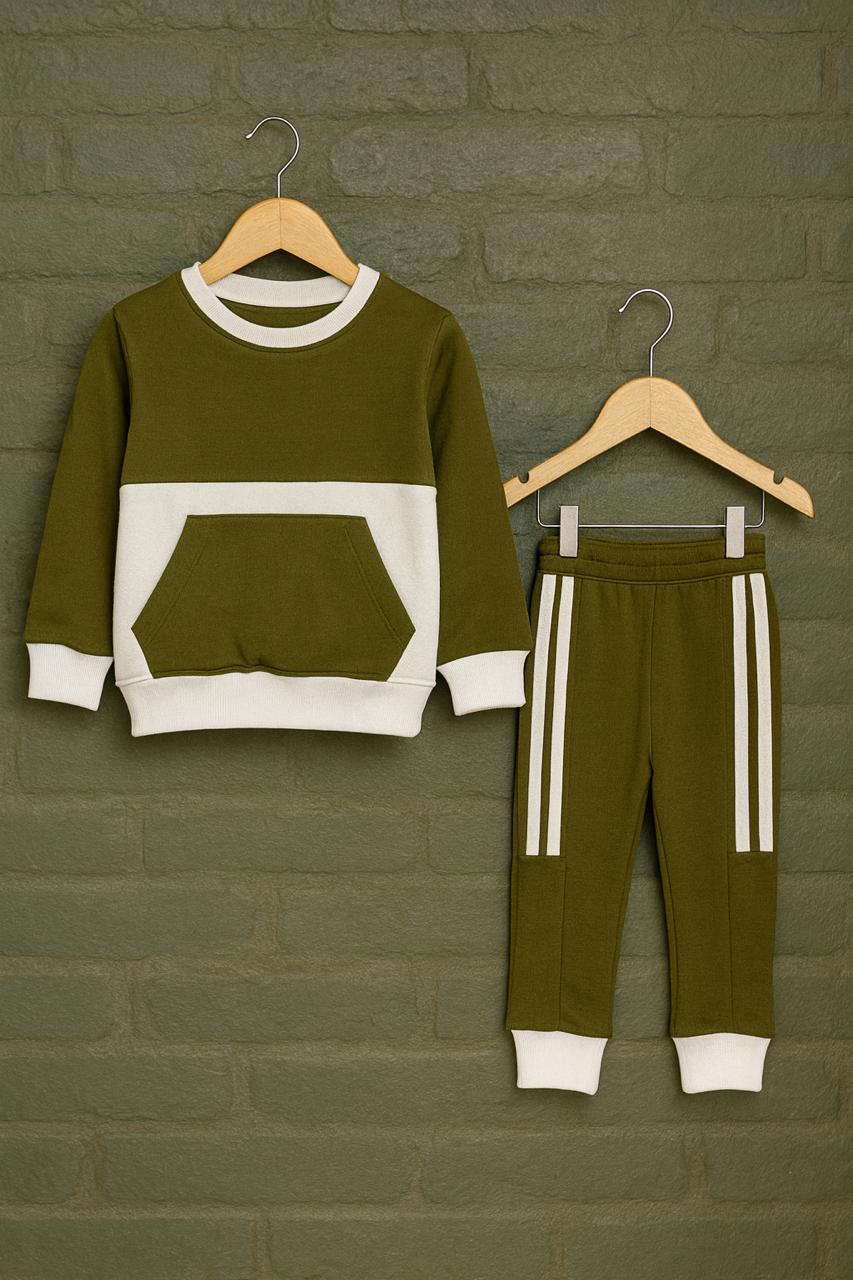Olive Green Contrast panel Kids Tracksuit